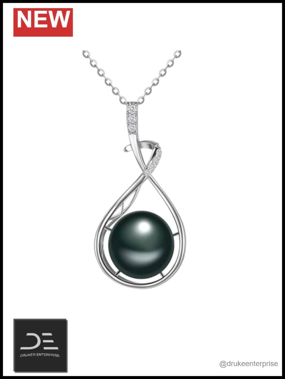 Natural Tahitian Black Pearl Necklace 925 Sterling Silver 18K White Gold Plated